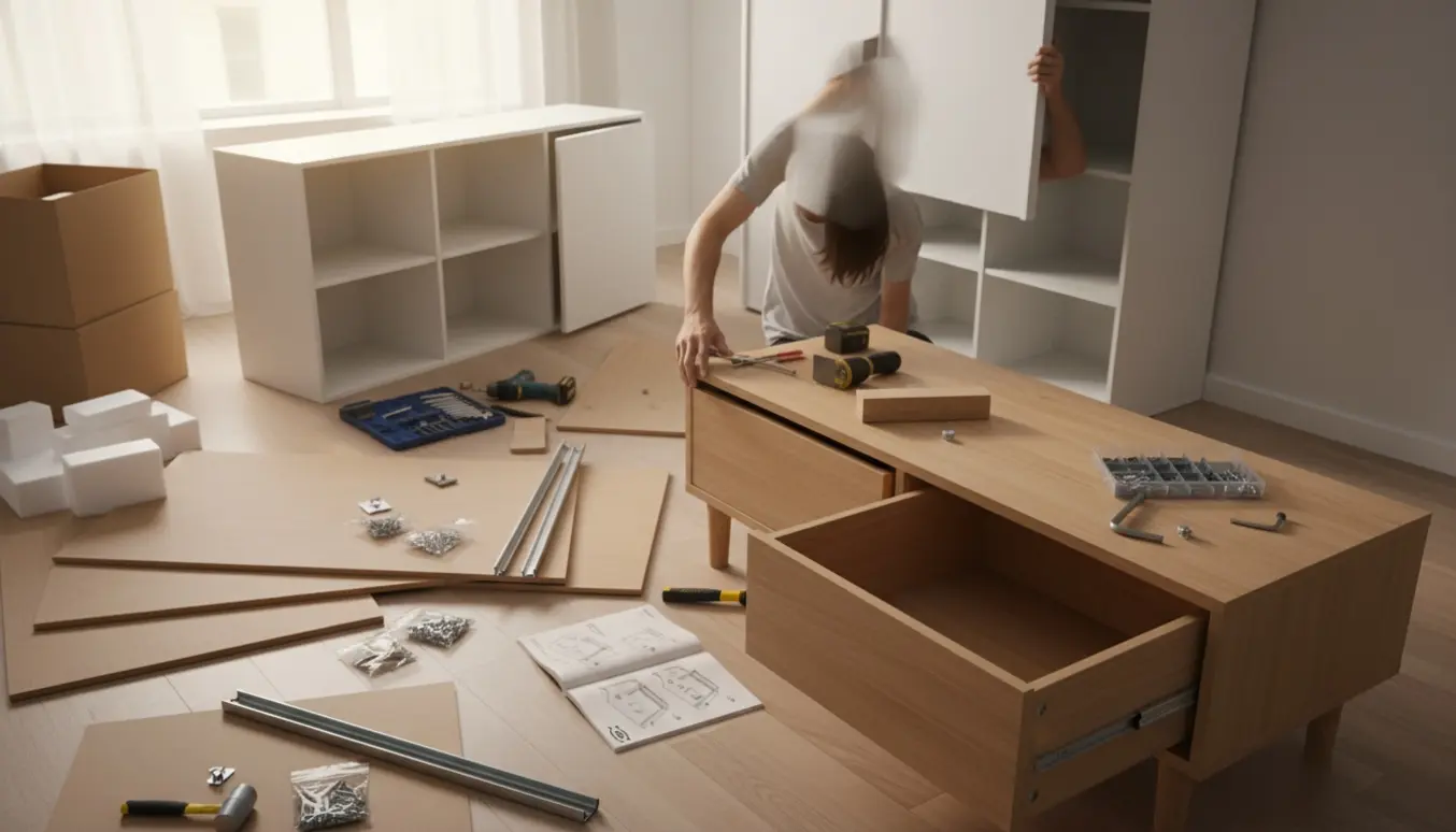 Delvist samlet MALM-kommode, RAKKESTAD-skydedørsgarderobe og BESTÅ-reol med værktøj spredt på gulvet i naturligt lys.