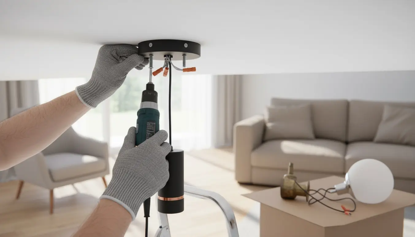 Hænder monterer en ny loftlampe fra en stige, mens to nedtagne lamper ligger på en sofa ved siden af.