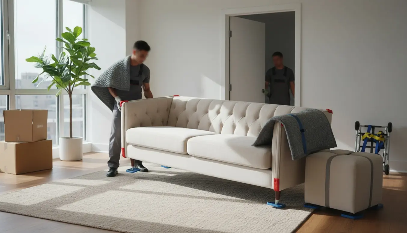To personer løfter en lang sofa gennem en lys stue, mens en puff står klar på et tæppe.