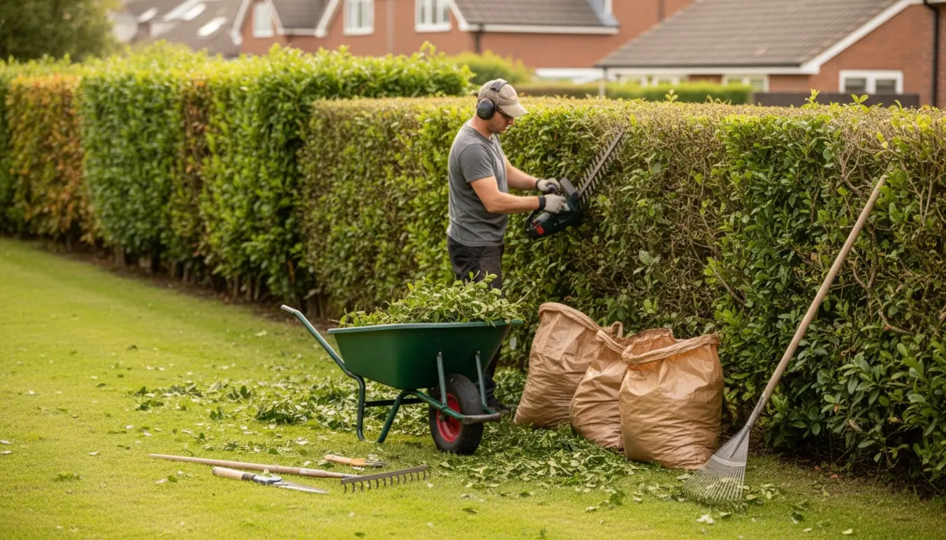 Lang hæk, hvor en person beskærer toppen og lægger afklip i en trillebør.