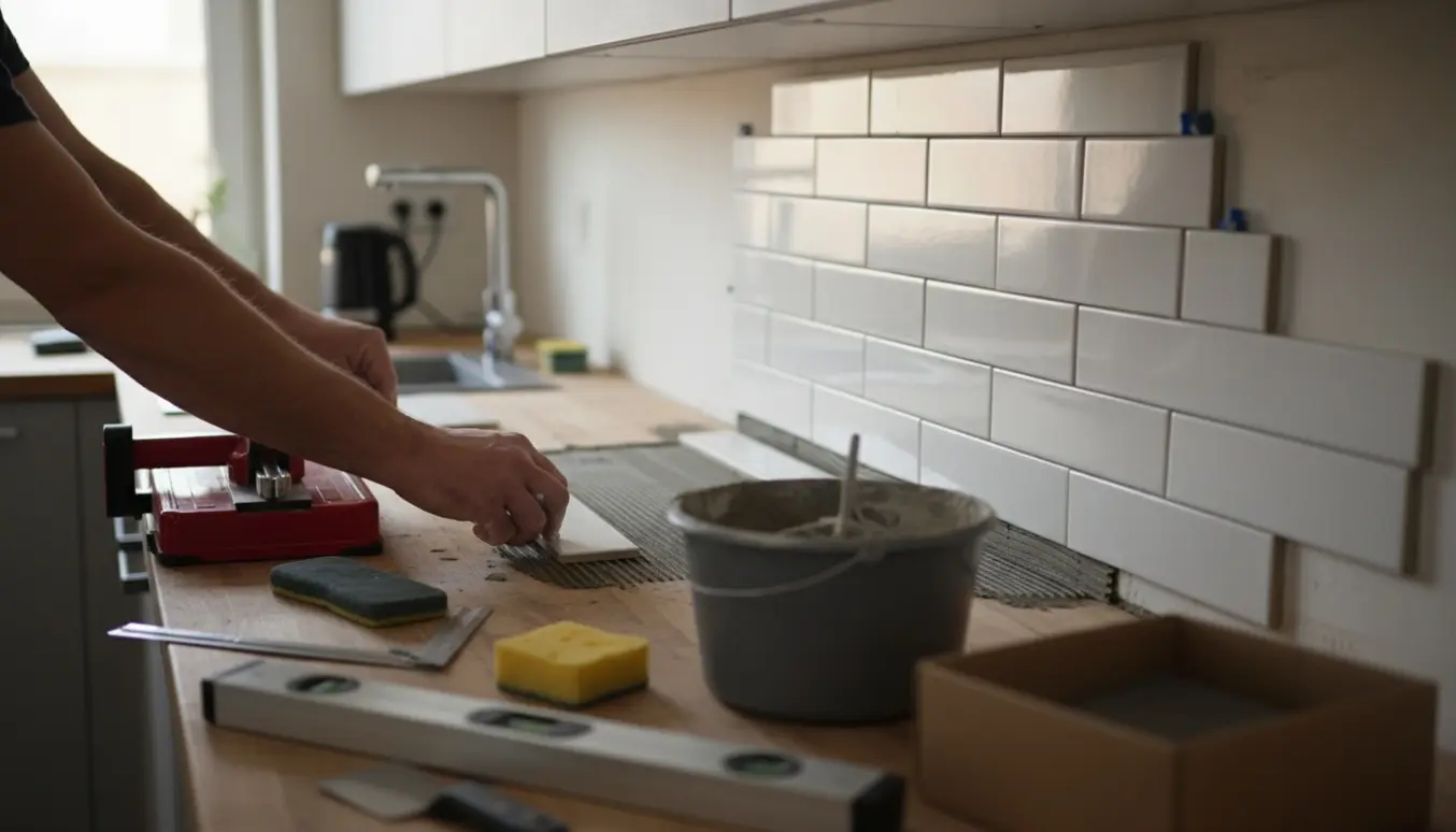 Nærbillede af hænder, der sætter aflange fliser i forbandt som køkkenbagvæg med næsten usynlige fuger.