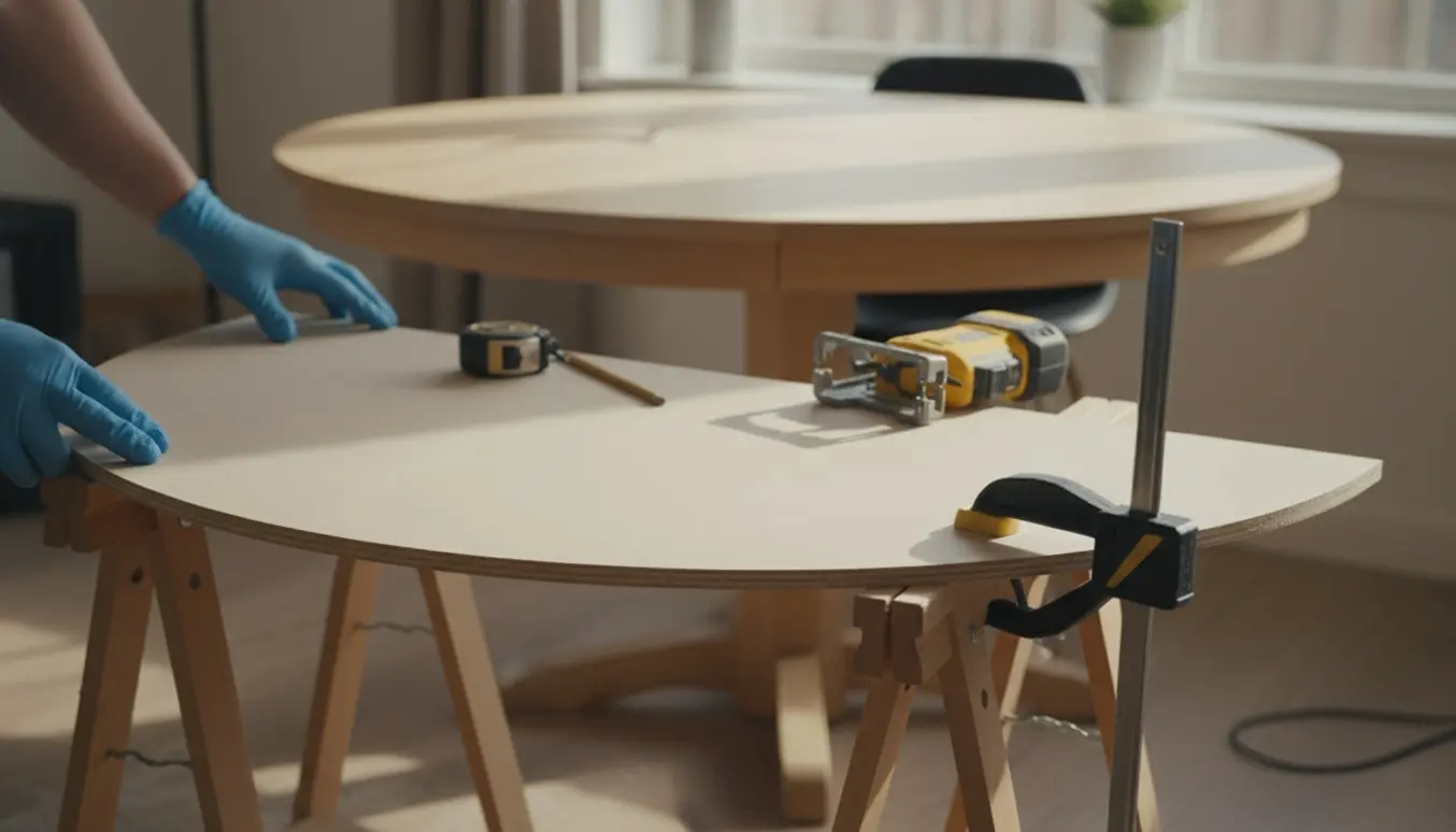 Halvcirkelformet 20 mm MDF-plade på bukke ved siden af et rundt spisebord, der er udvidet til et ovalt bord.