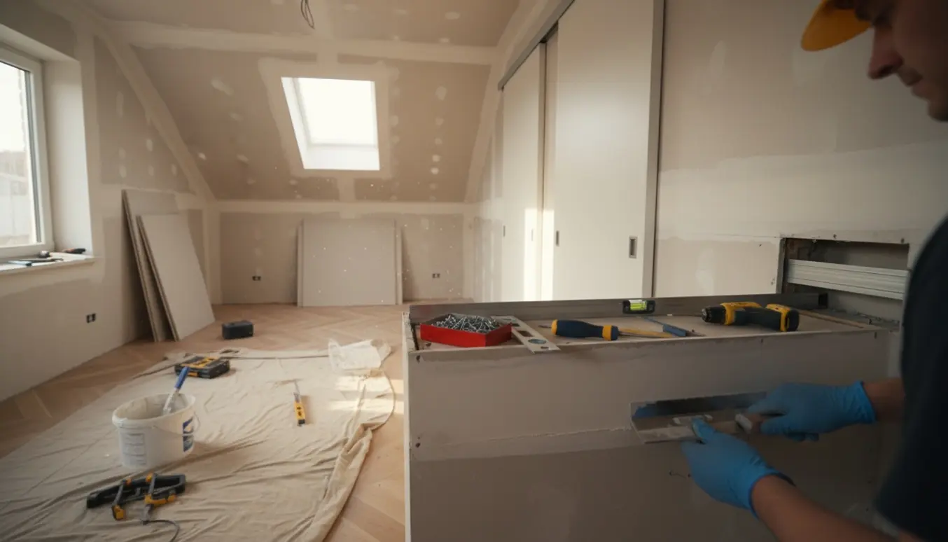 Installation af skydedør i gipsvæg ved skråvæg på 1. sal med værktøj og naturligt dagslys.