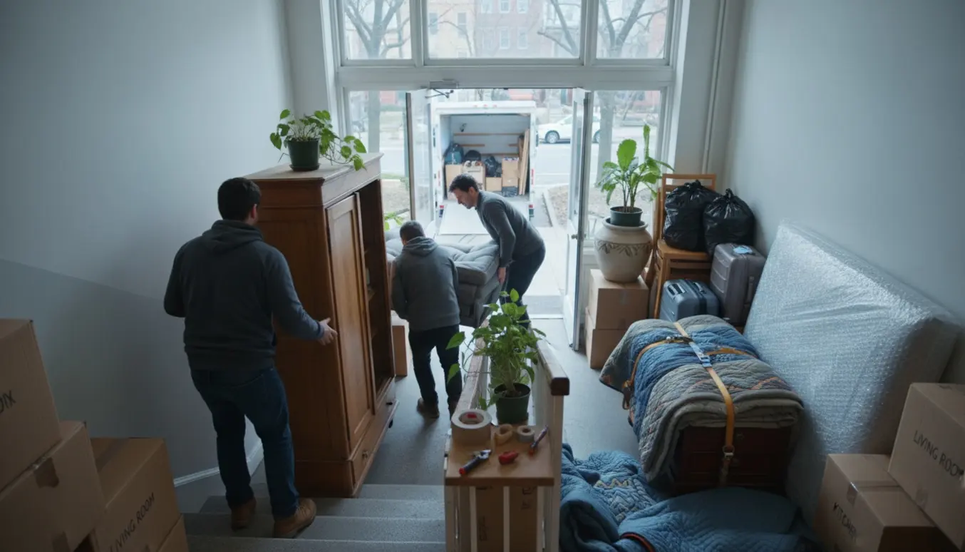 Flyttefolk bærer afmonteret skab og sovesofa ned ad trappe med kasser, kufferter og en flyttevogn ude foran.