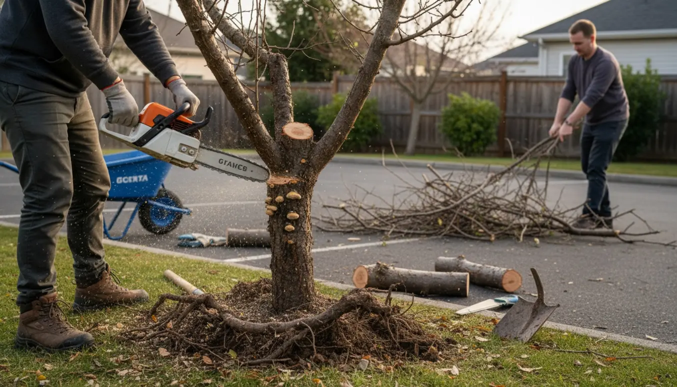 Motorsav fælder et sygt, lille blommetræ, mens grene bæres til en bunke på parkeringspladsen.