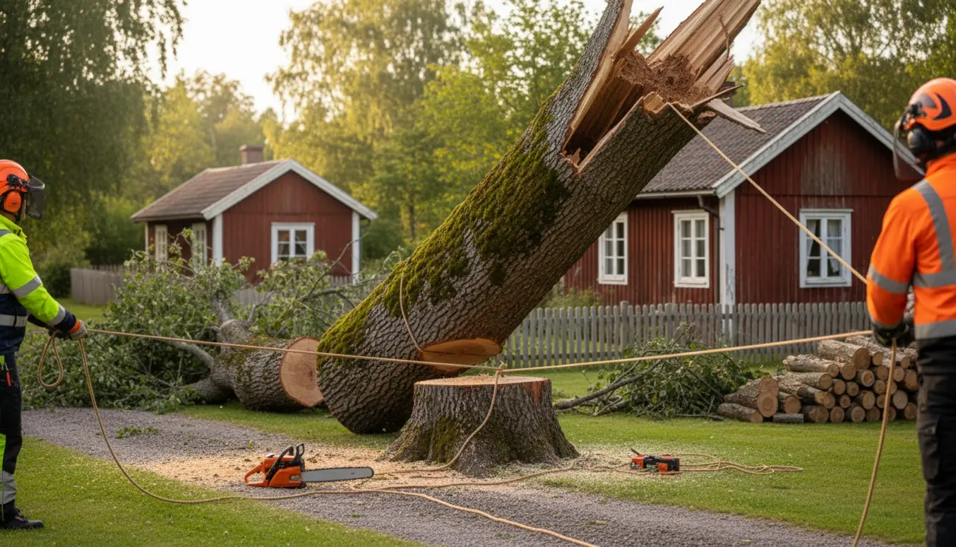 Fældning af et stormskadet træ ved et sommerhus med motorsav, savsmuld og stablede stammer.