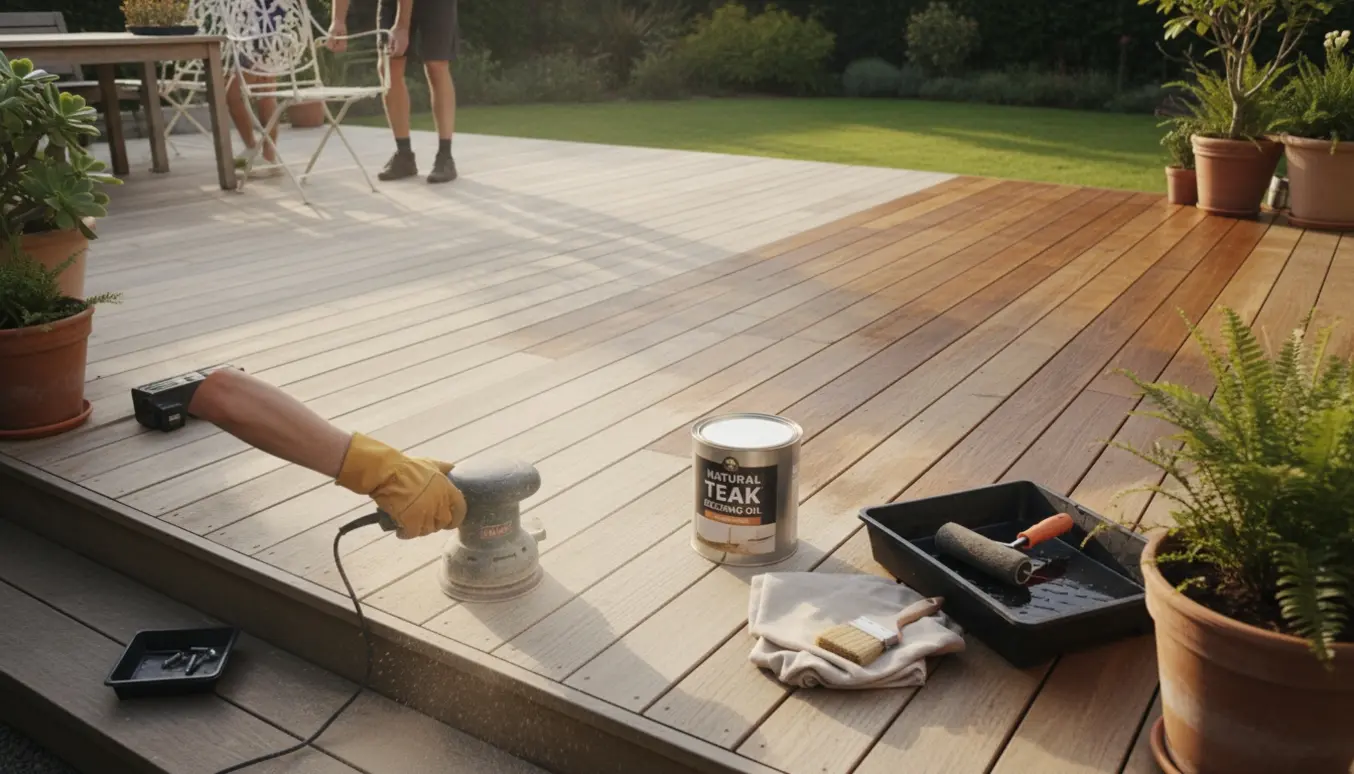 Stor træterrasse med nyslebet område, nyligt olieret stribe, løftede havemøbler og værktøj.