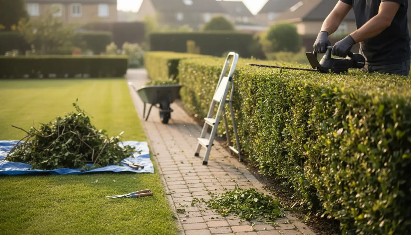 Person klipper en tæt ligusterhæk med hækkeklipper ved en forhave, med opsamlede grene på en presenning.