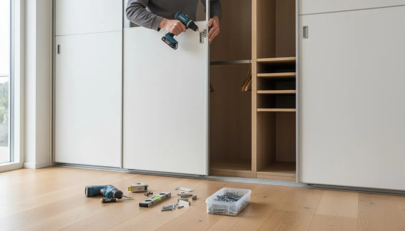 Montering af gulv‑til‑loft garderobeslåger med værktøj på trægulv under gipsloft.