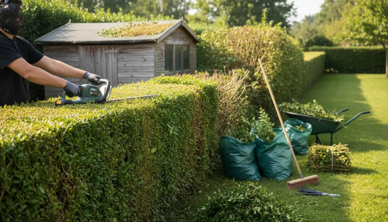 Lang hæk ved et skur, nysnoet på den ene side med afklip samlet i trillebør og grønne affaldsposer.