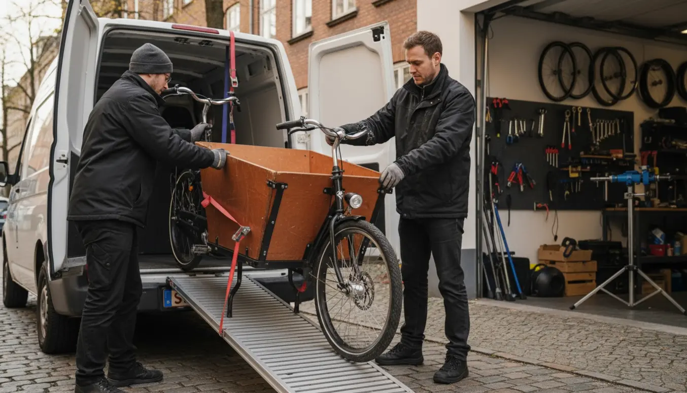 En ladcykel med fladt dæk læsses ind i en varevogn på en københavnsk gade med værksted i baggrunden.
