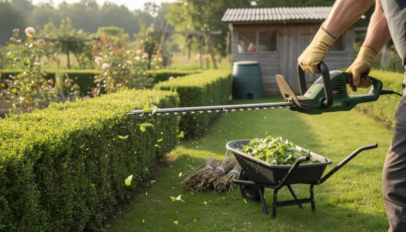 Handskerede hænder med hækkeklipper klipper en tæt grøn hæk i en kolonihave, med afklip i trillebør og bundter klar til bortkørsel.