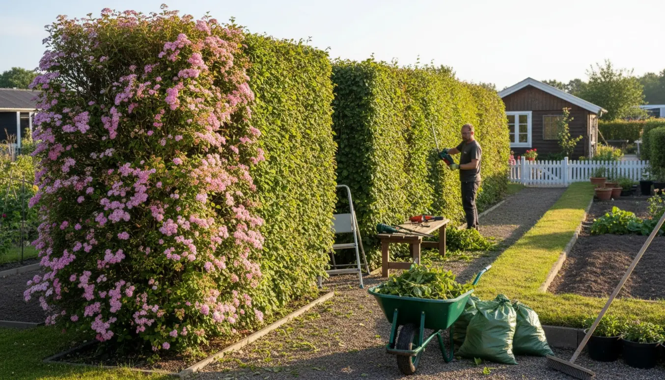 Gartner trimmer to hække i en solrig kolonihave med opsamlet grønt affald i trillebør.