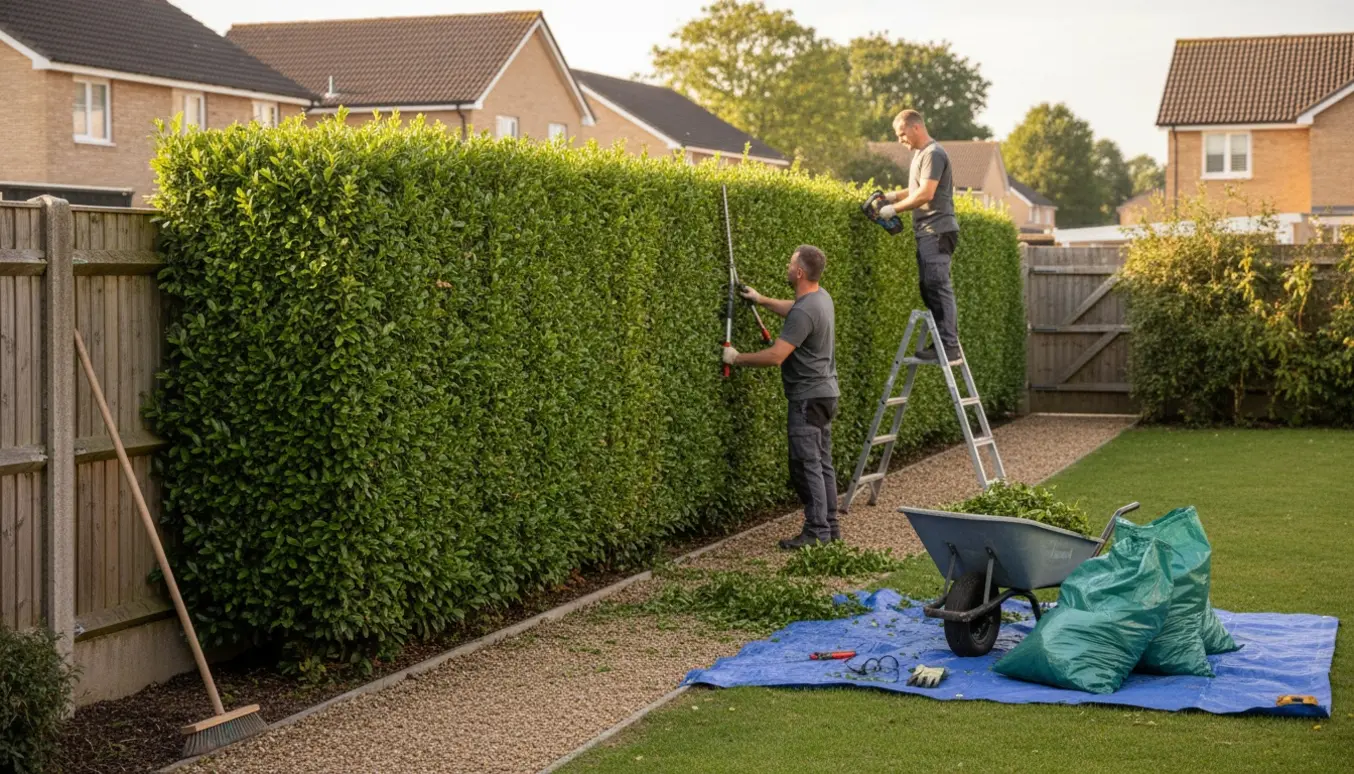 En havemand trimmer en ca. 2 m høj ligusterhæk med hækkeklipper, mens afklip samles i en trillebør.