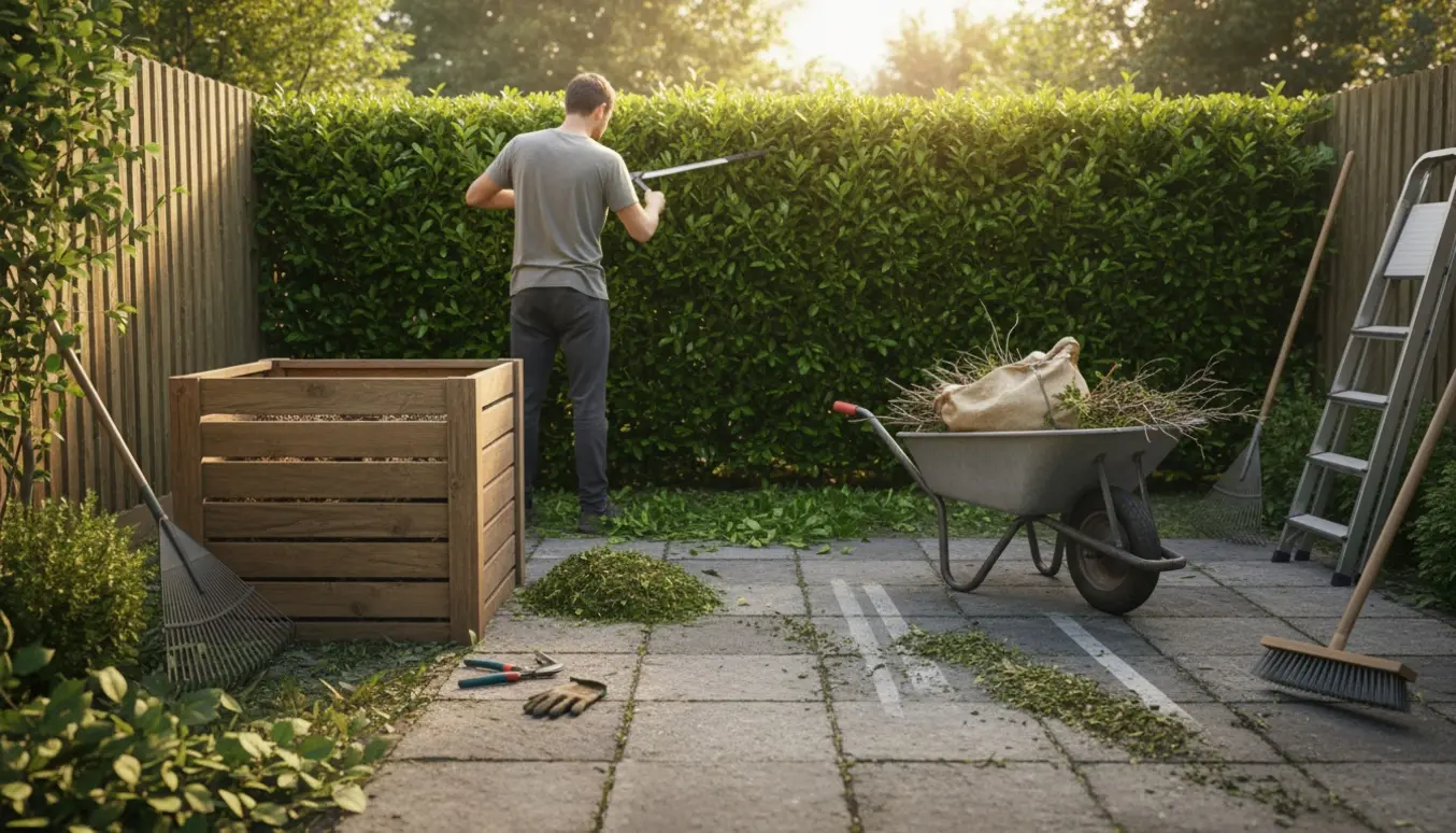 Lille have under vedligeholdelse med nyklippet hæk, fejede fliser, bunker af grønt affald og kompost.