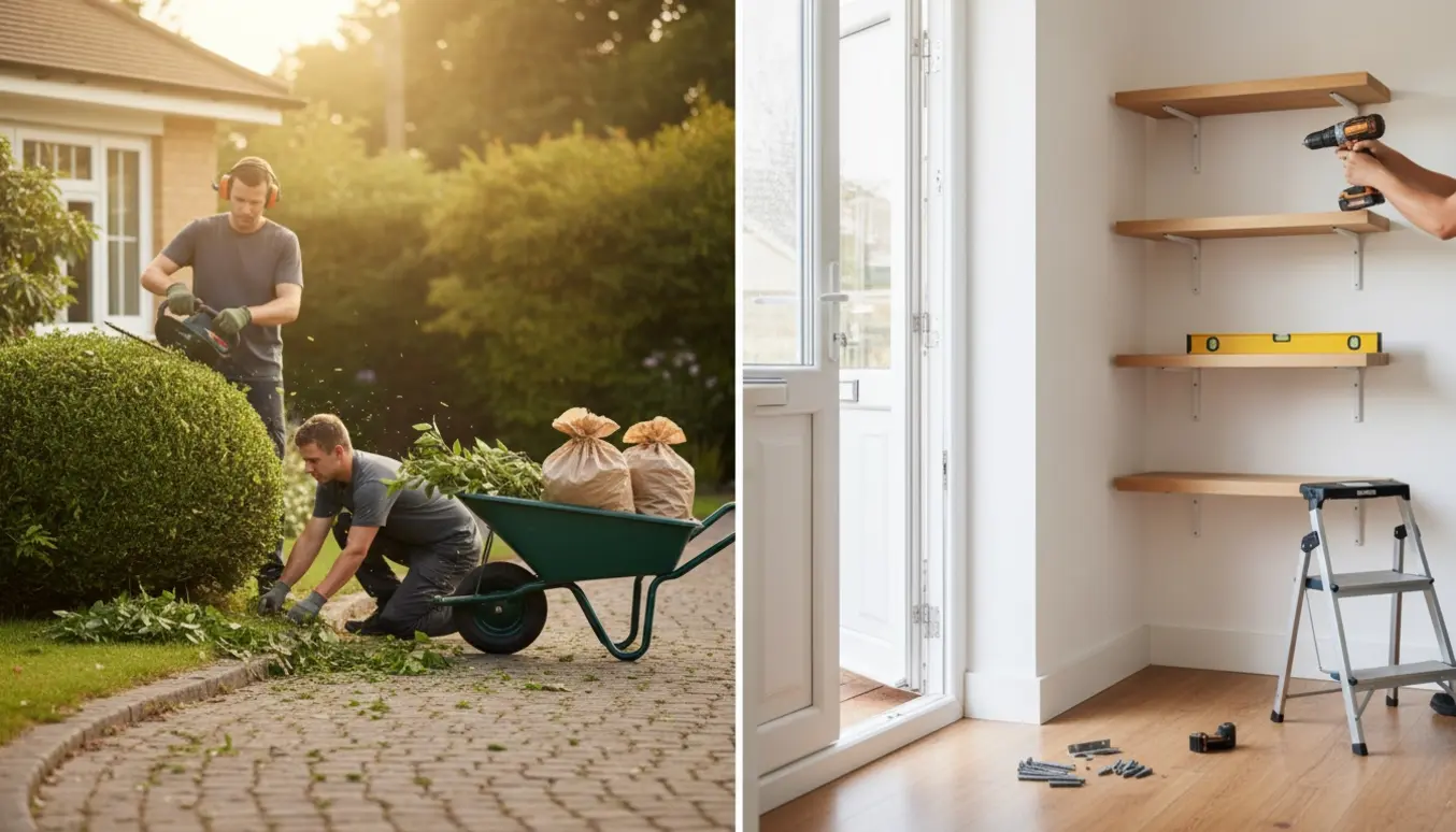 Solbelyst scene med hækklipning, ukrudtsfjerning og haveaffald uden trailer samt indendørs montering af hylder.