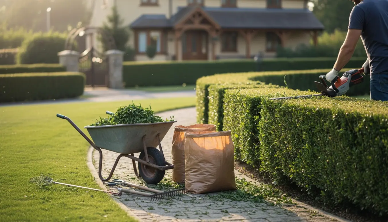 Person trimmer en ca. 1 m høj hæk ved en hjørnegrund, afklip samles i trillebør og sække.