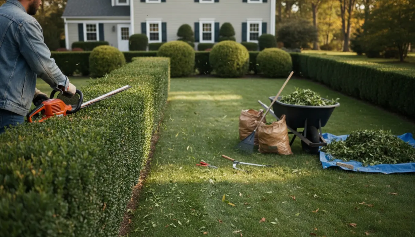 En havearbejder klipper hæk og beskærer buske, mens afklip samles i en trillebør og affaldssække foran huset.