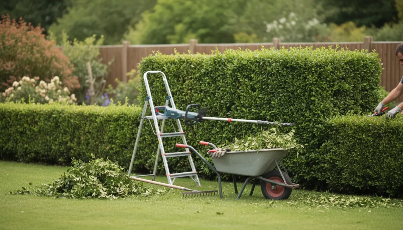 Lang ligusterhæk med en høj og en lav sektion under klipning, værktøj og en trillebør med afklip i forgrunden.