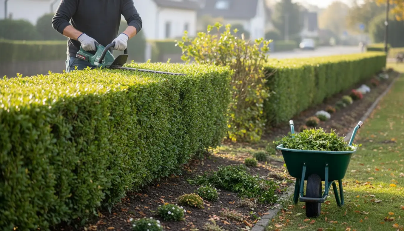 En havearbejder trimmer en ligusterhæk langs vejen, hvor én side og halvdelen af toppen er nyslået og affald samlet i en trillebør.