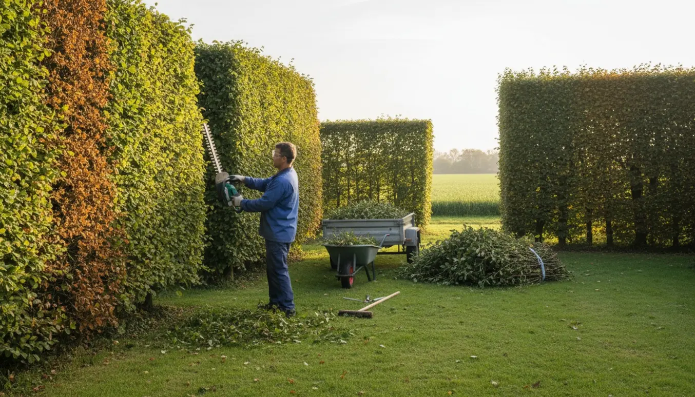Person set bagfra klipper hække på tre sider, med bunker af afklip og trailer klar til bortkørsel.