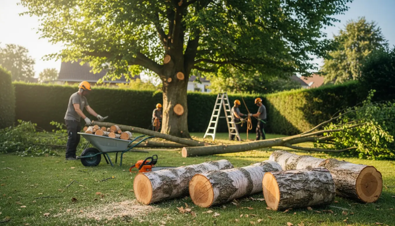 Fældede birketræer stableres, og en bøges krone er delvist beskåret i en solrig have.