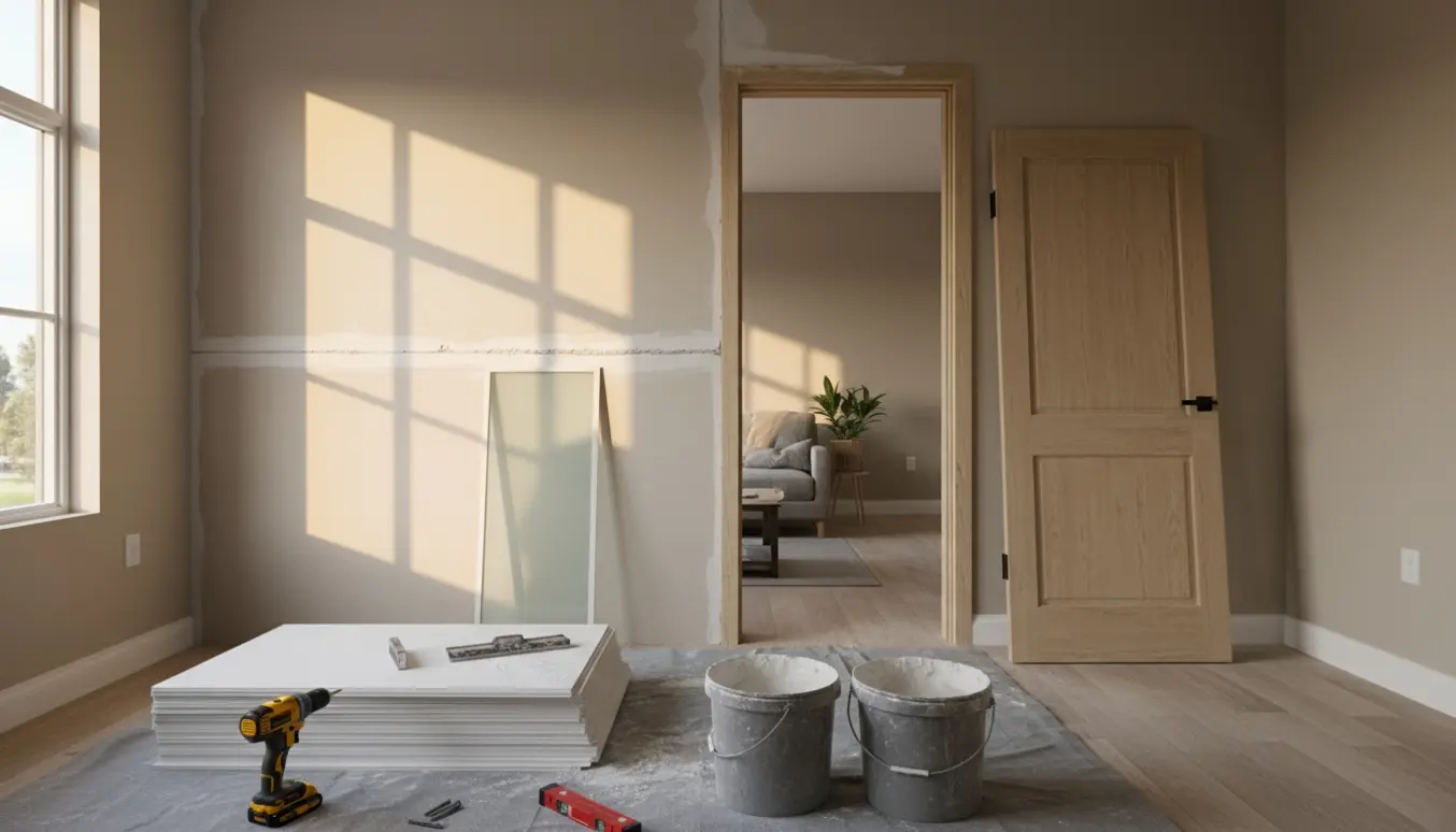 Lys stue under ombygning med en ny væg, døråbning og værktøj i forgrunden.