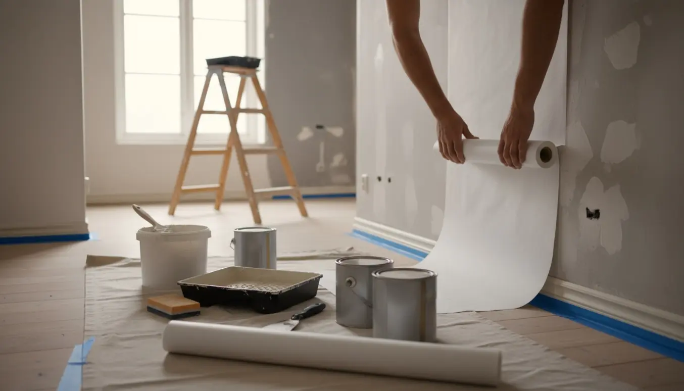 Lyst værelse under renovering med filt på væggen, malerværktøj og afdækningsmaterialer.