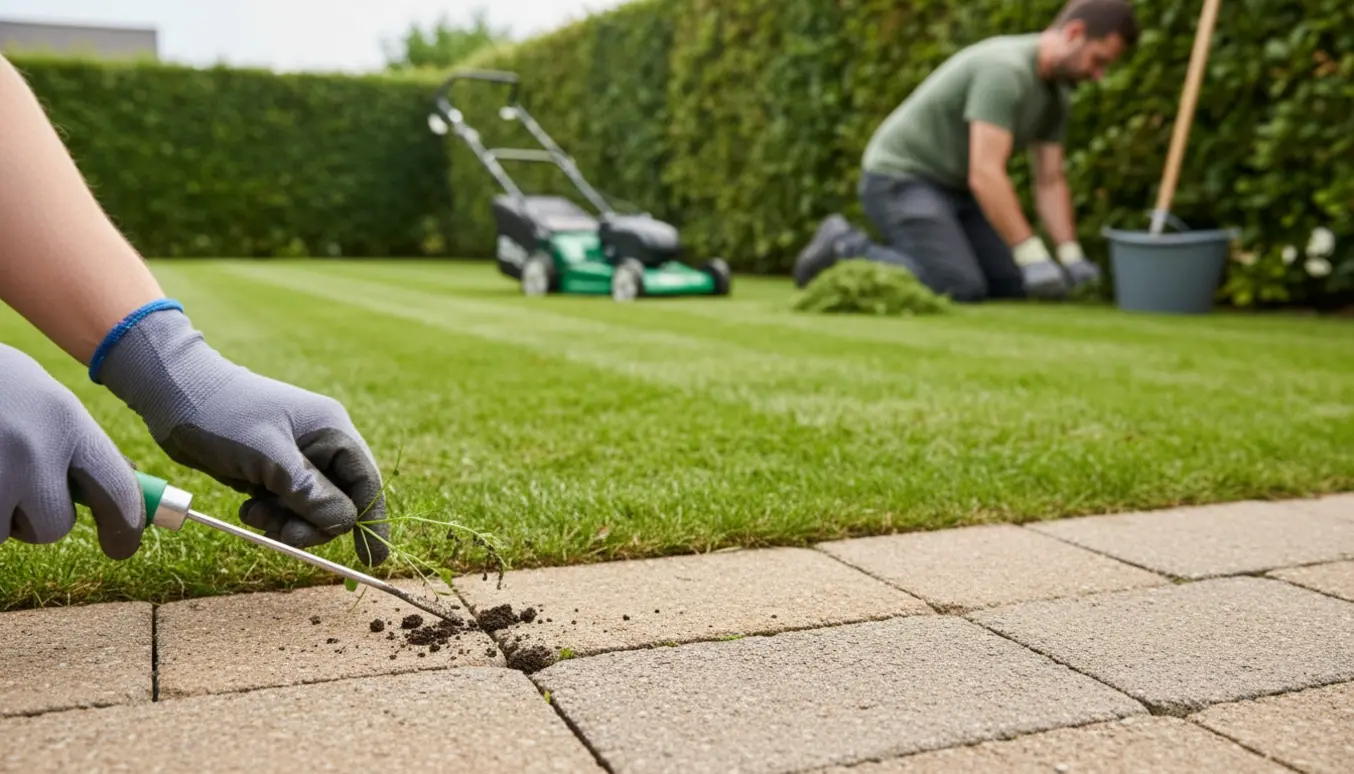 Nyklippet lille græsplæne med plæneklipper i baggrunden og en person, der fjerner ukrudt mellem fliserne ved hækken.