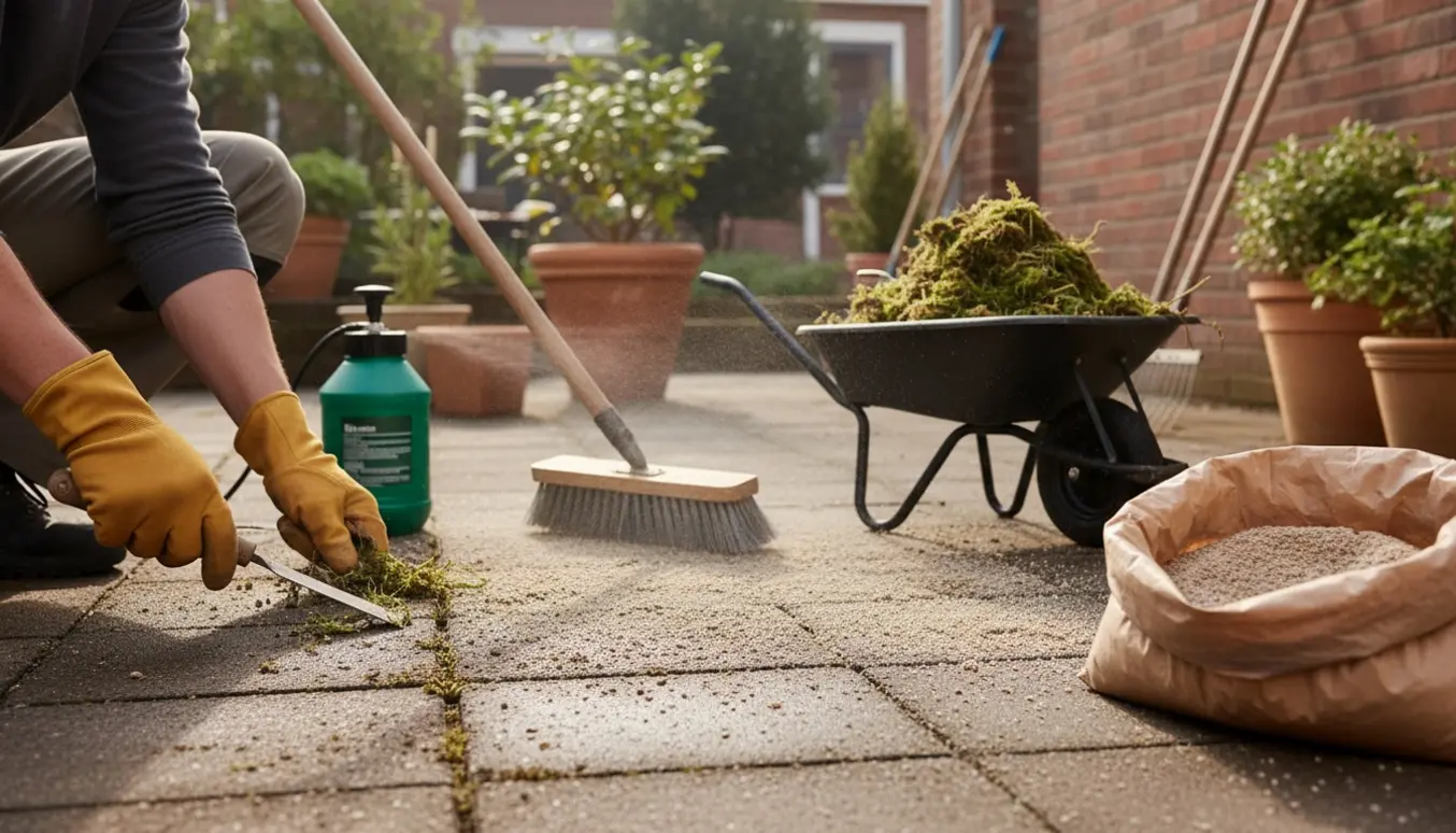 Nærbillede af handsker, rive og sprøjte, mens ukrudt fjernes og fugesand fejes ind mellem terrassefliser.