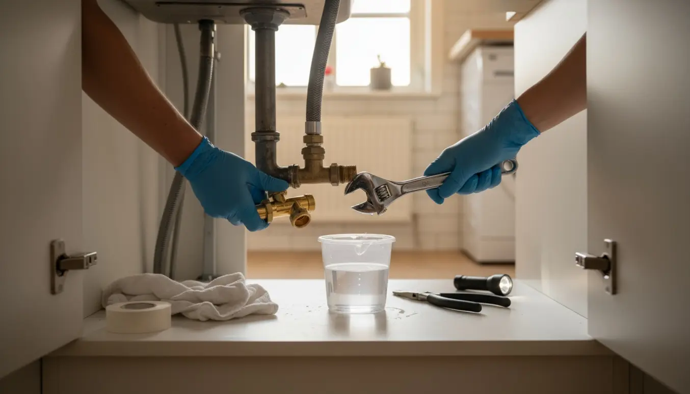 Nærbillede af hænder, der skifter en balofix-ventil under en køkkenvask med værktøj og en spand til vand.