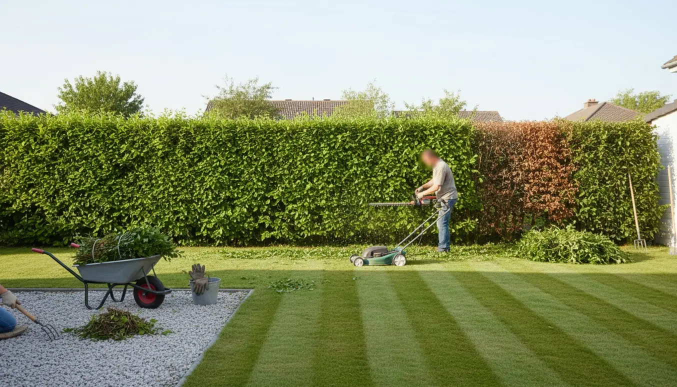 En havearbejder beskærer en bøghekk, med nyslået græs og lugning af ukrudt i grussti.