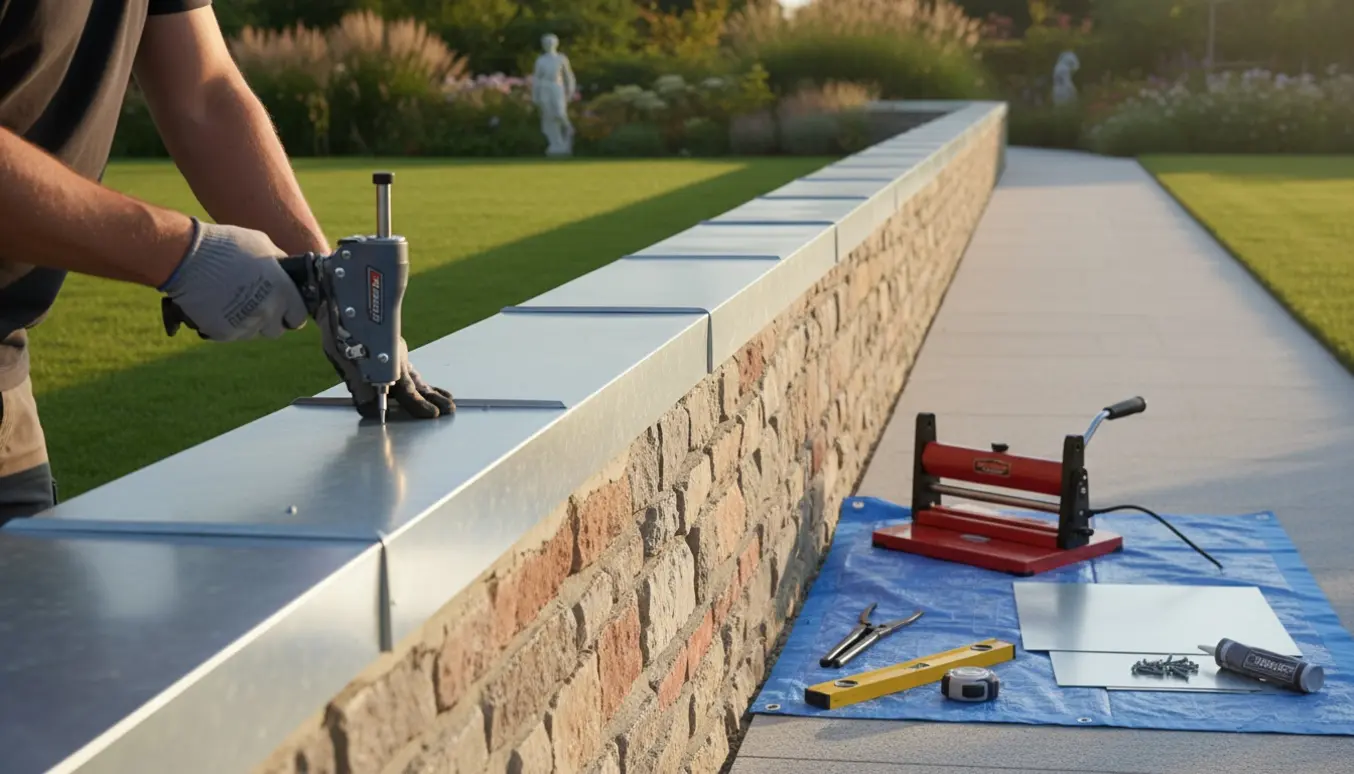 Håndværker monterer zink/alu murkrone på en lang lav mur i en have.