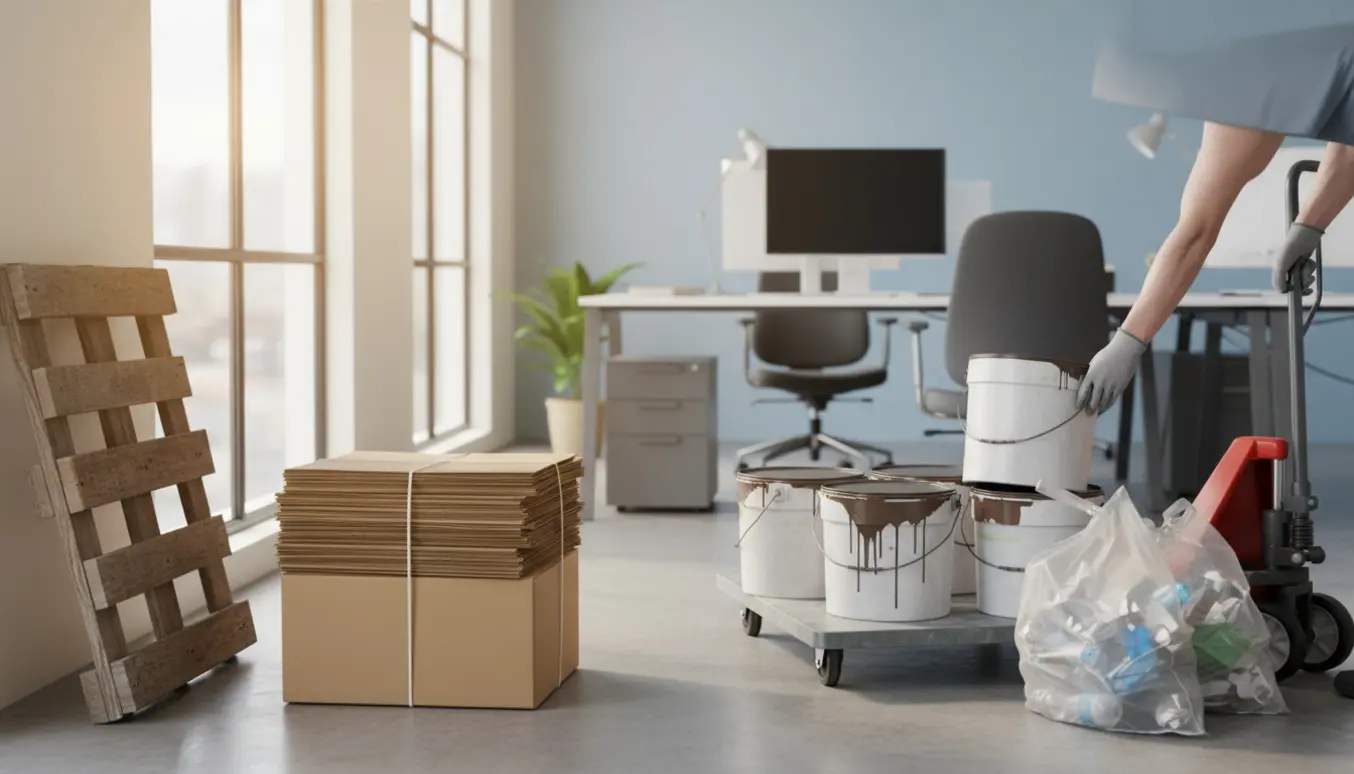 En arbejdstager læsser malingsspande, en tom træpalle og sammenbundne papkasser ud af et kontor ved hjælp af en trillevogn.