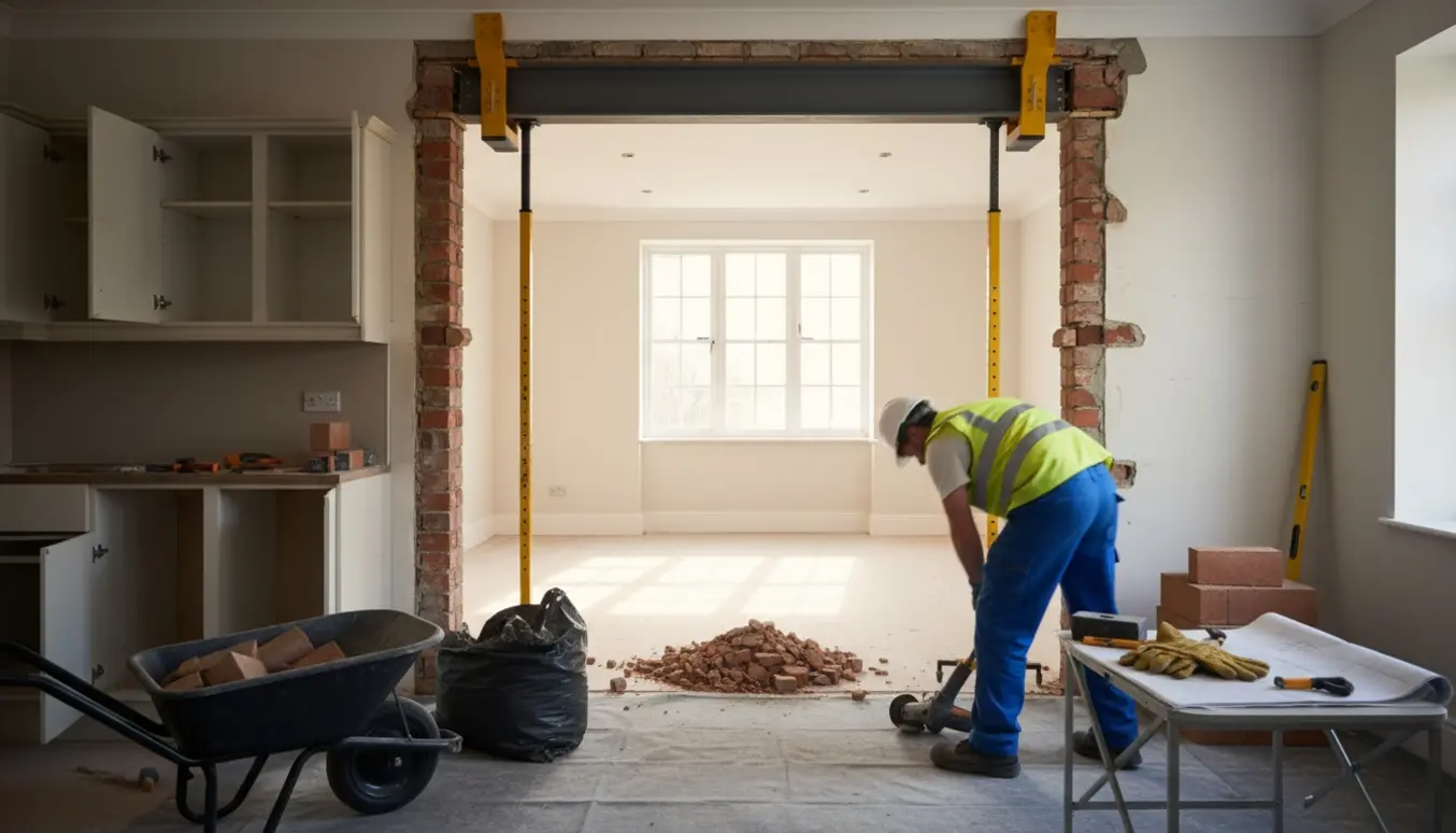 Delvist nedrevet bærende skillevæg mellem køkken og stue med midlertidige støtter og byggematerialer.