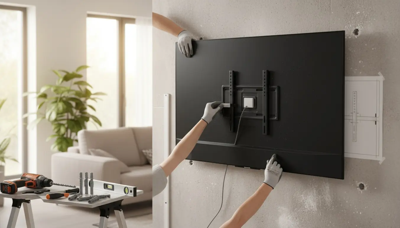 Montering af 65" væghængt fladskærm på spartlet porebetonvæg med lavprofils strømstik bagved.