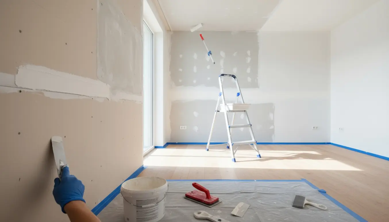Hænder spartler en gipsvæg og ruller hvid maling på loftet i et lyst, ryddeligt rum.