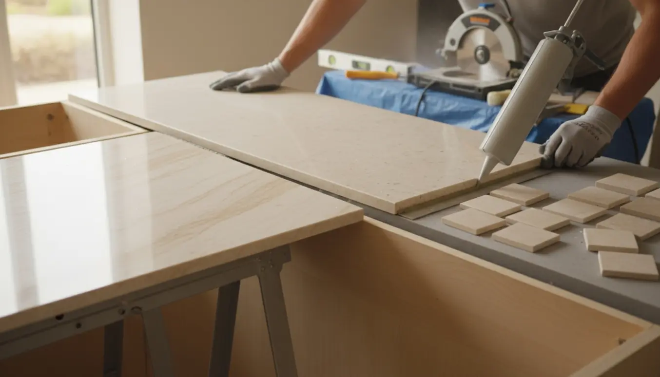 To cremebeige bordplader i færd med at blive installeret i et køkken, fokus på materialer og værktøj uden synlige ansigter.