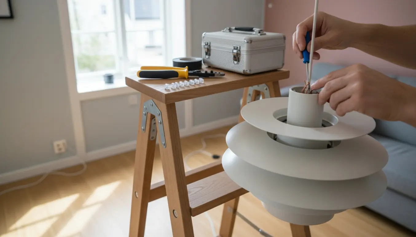 Hænder på en stige reparerer ledningen til en PH 5 loftlampe i et lyst, moderne rum.