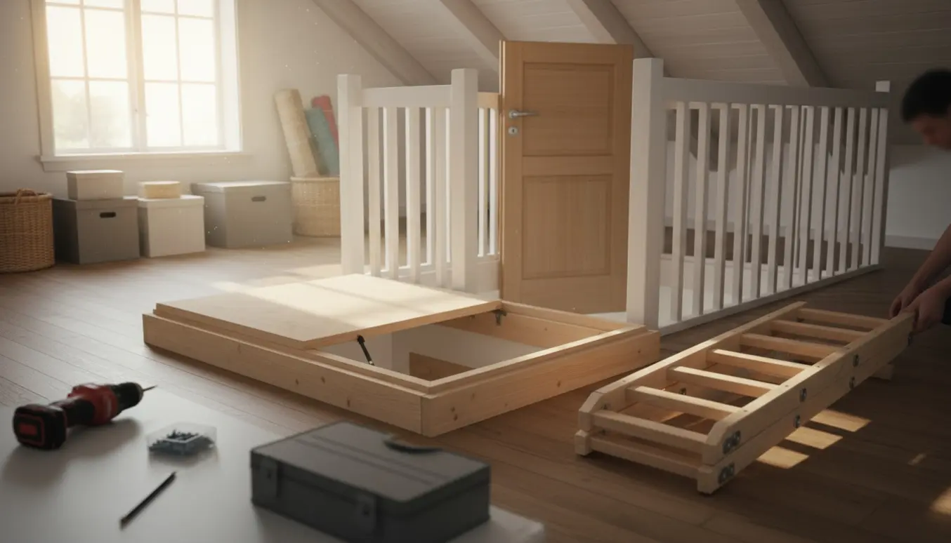 Åben loftlem i sommerhus med ny loftlem, løs foldestige og nyt rækværk ved indgangen til hemsen.