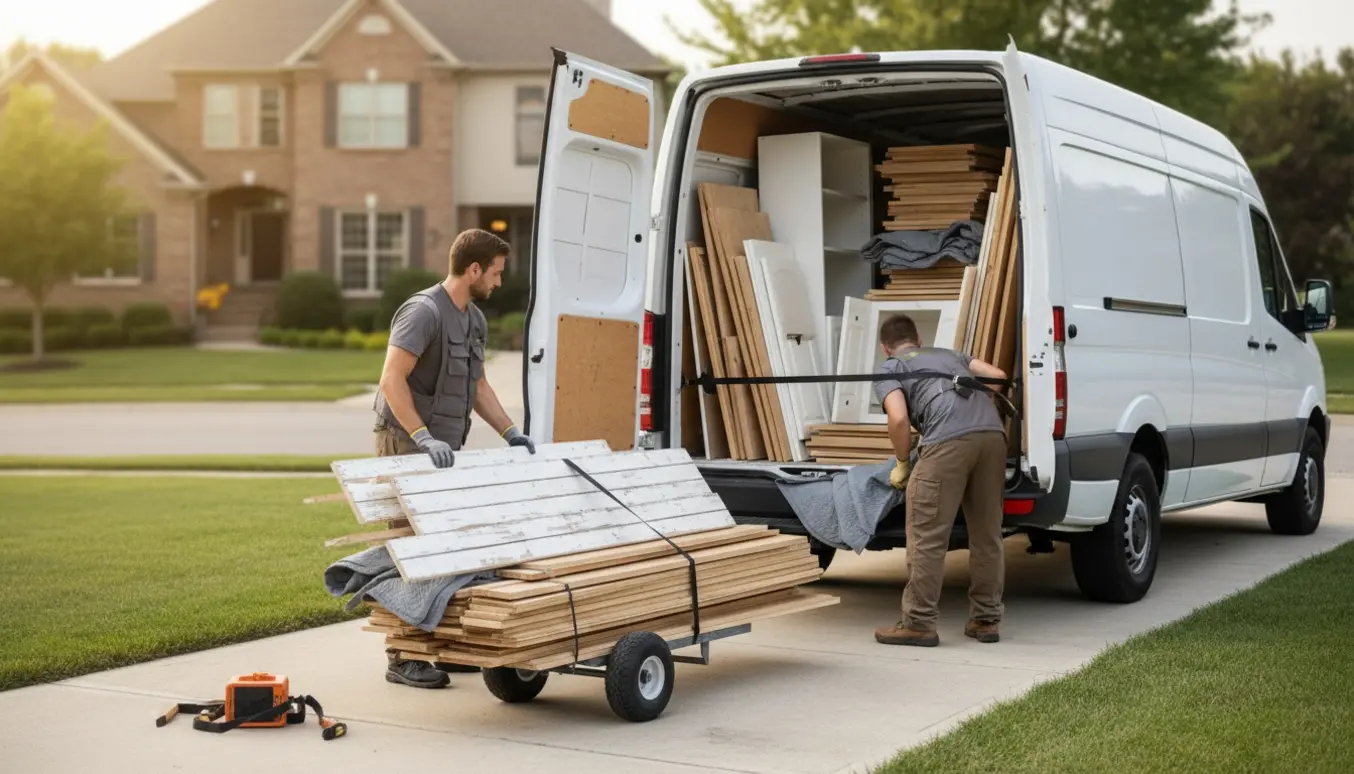 En varevogn bliver lastet med træbeklædning, loftplader, køkkenskabe og gulvbrædder.