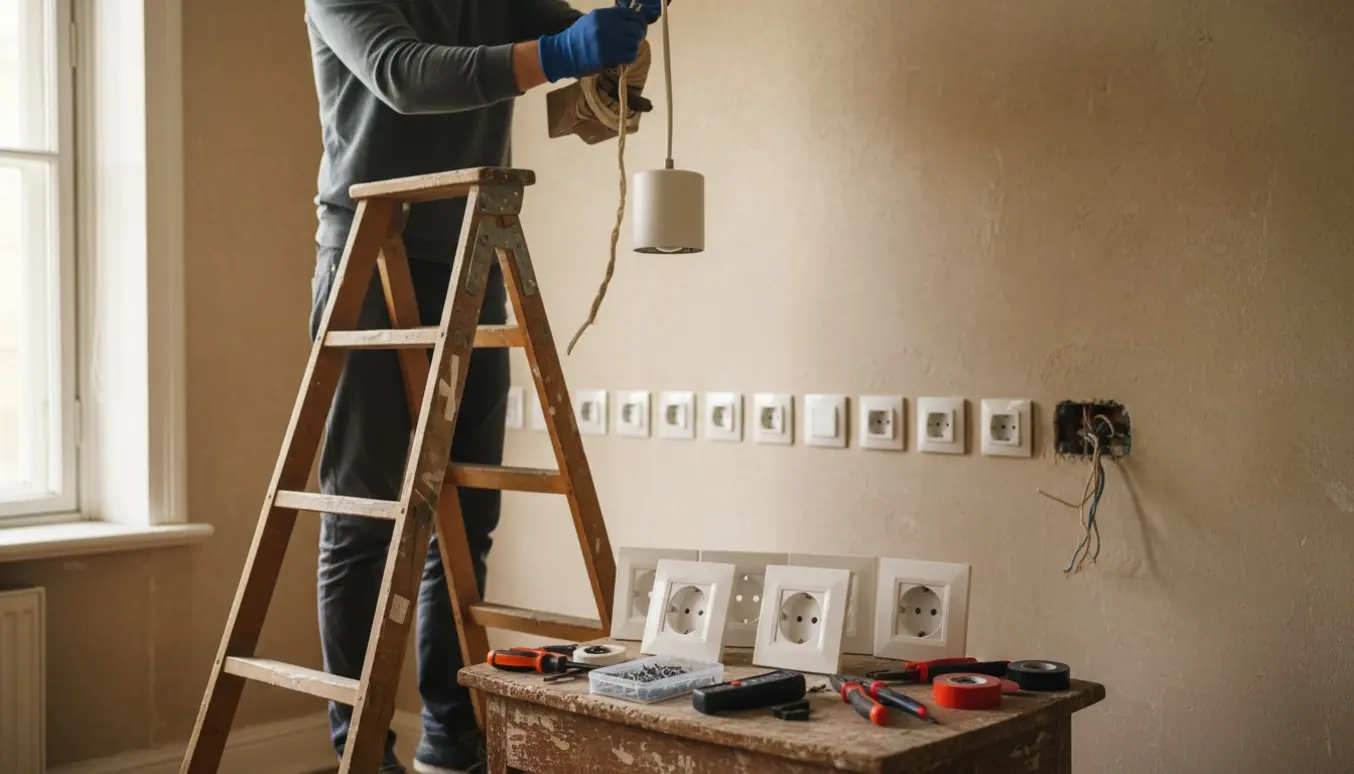 Handskerede hænder arbejder med en loftslampe i en gammel lejlighed, omgivet af nye stikdåser og værktøj.