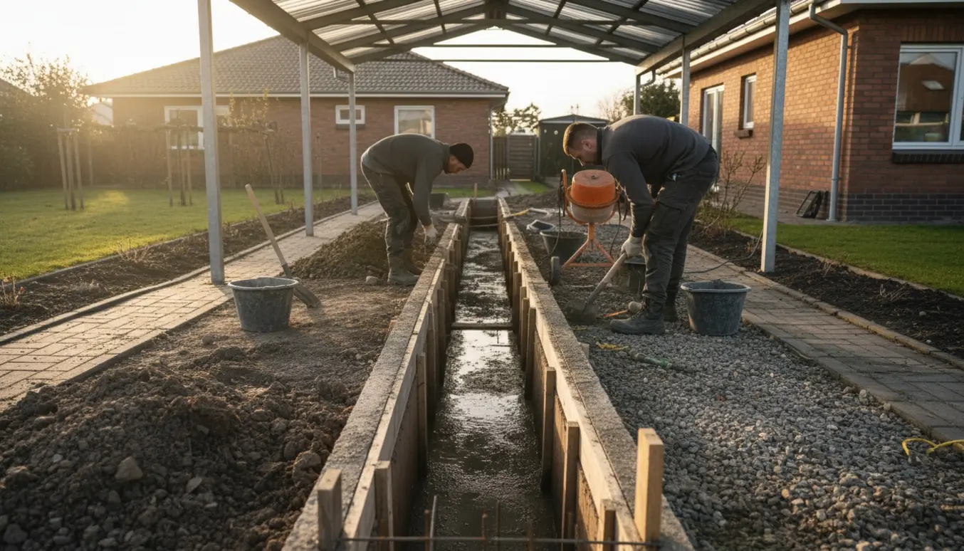 Manuelt udgravet og støbt fundament til carport med trillebør, skovle og frisk beton i en snæver gårdsplads.