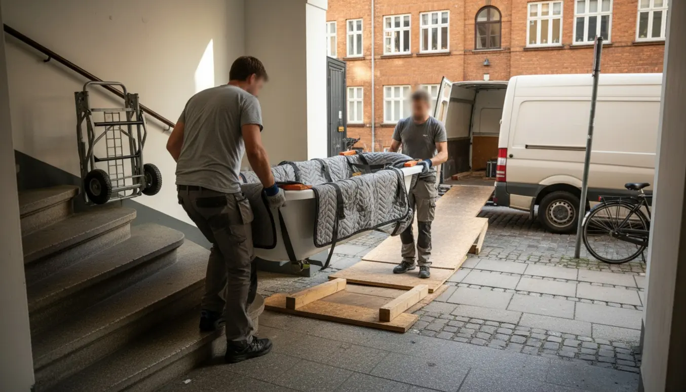 To flyttemænd bærer et stort badekar ned ad trappen mod en varevogn på en københavnsk morgengade.