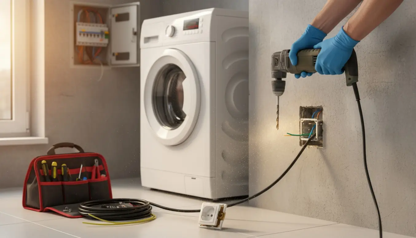 Hænder borer i betonvæg i køkken for at installere en jordet stikkontakt bag en vaskemaskine med værktøj og kabel ved siden af.
