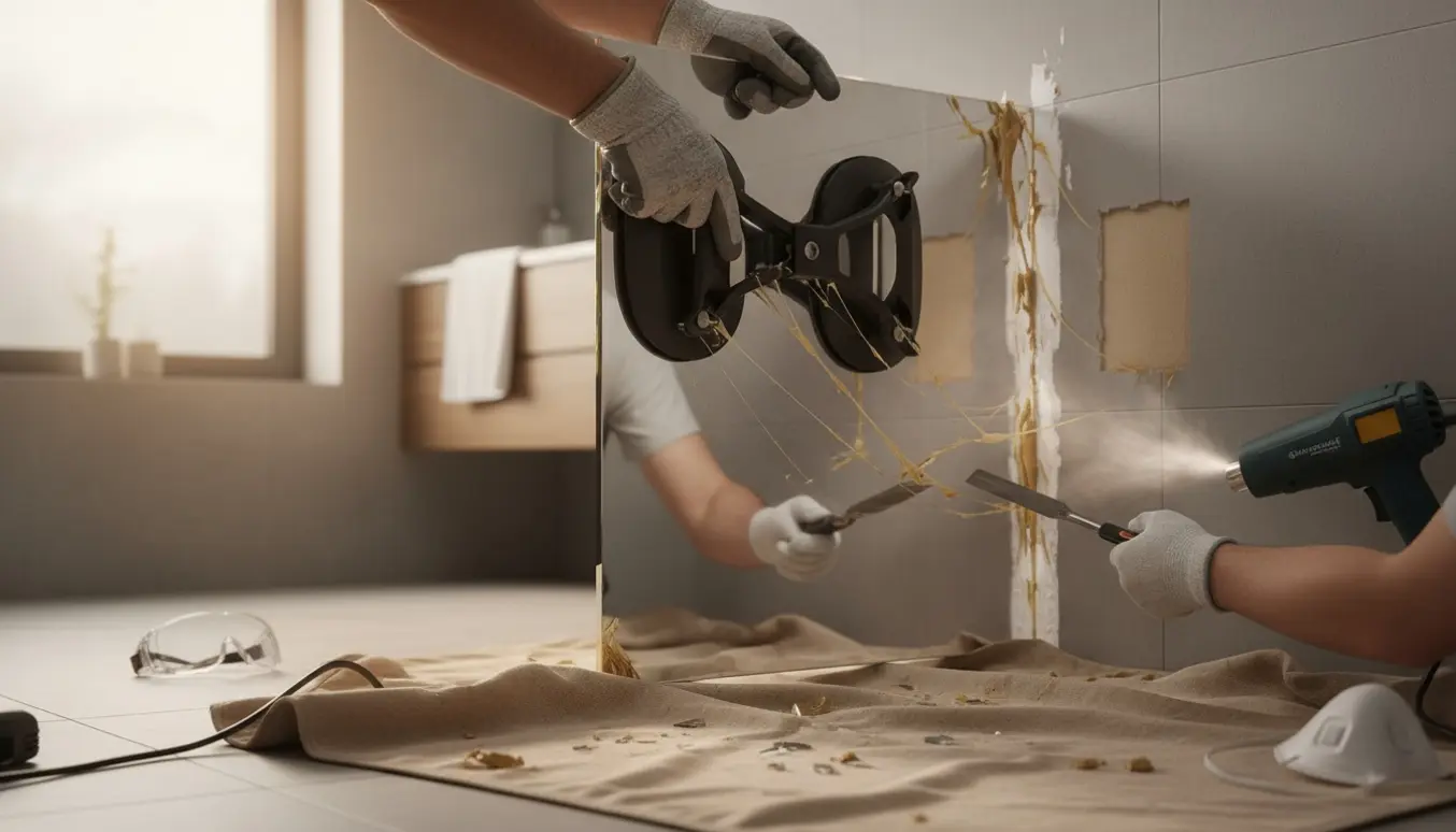 Hænder fjerner et limet vægspejl med sugekop, spartel og varmluftpistol i et badeværelse.