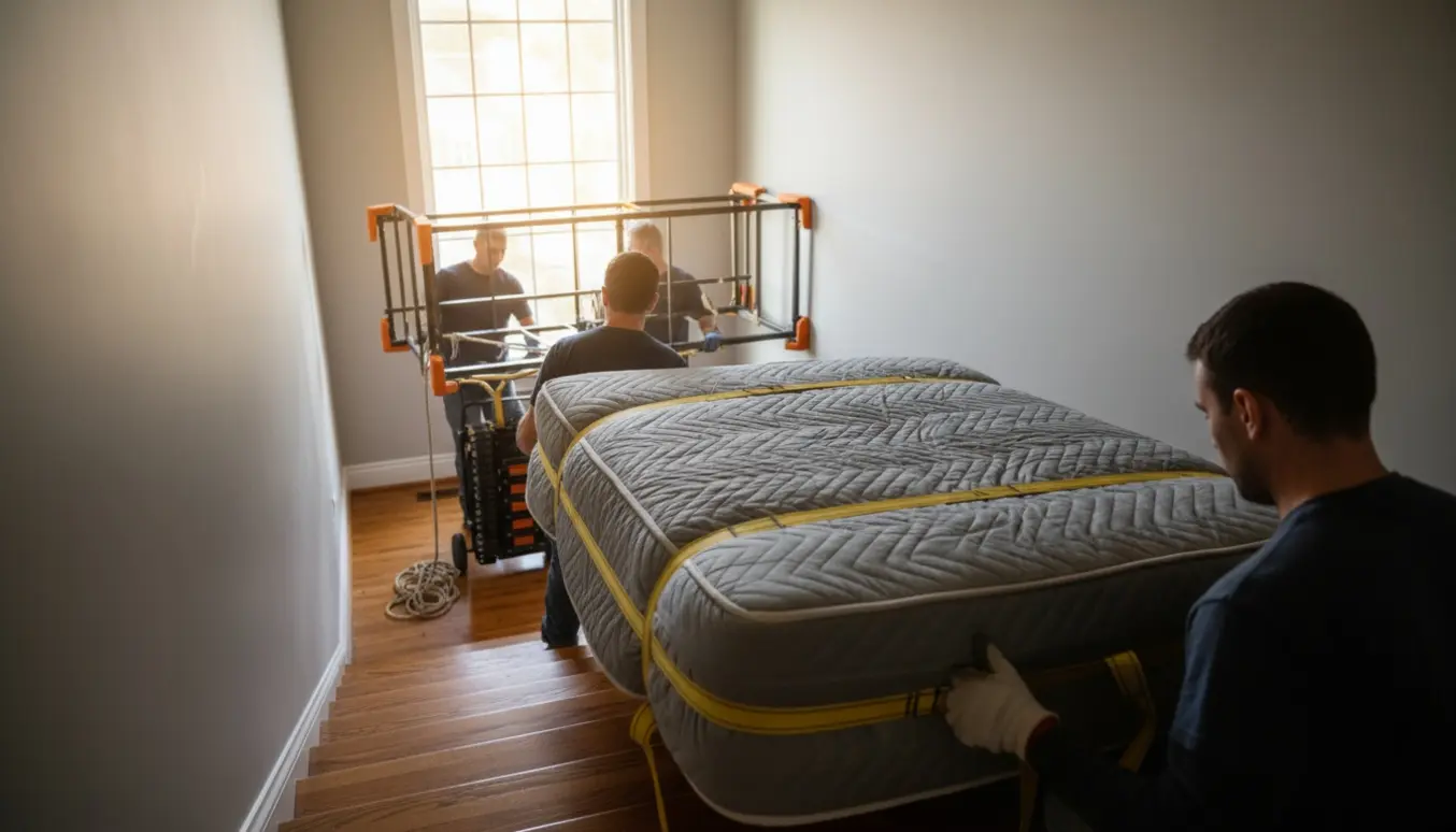 Flyttemænd bærer en indpakket madras ned ad trappen, mens en anden seng løftes op.