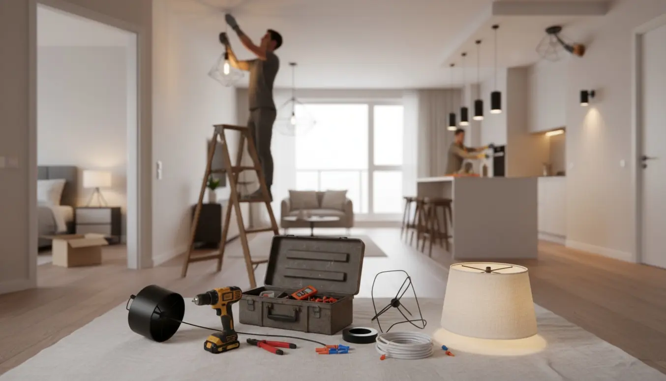 Værktøj og en person set bagfra, der monterer lamper i flere rum i en lejlighed.