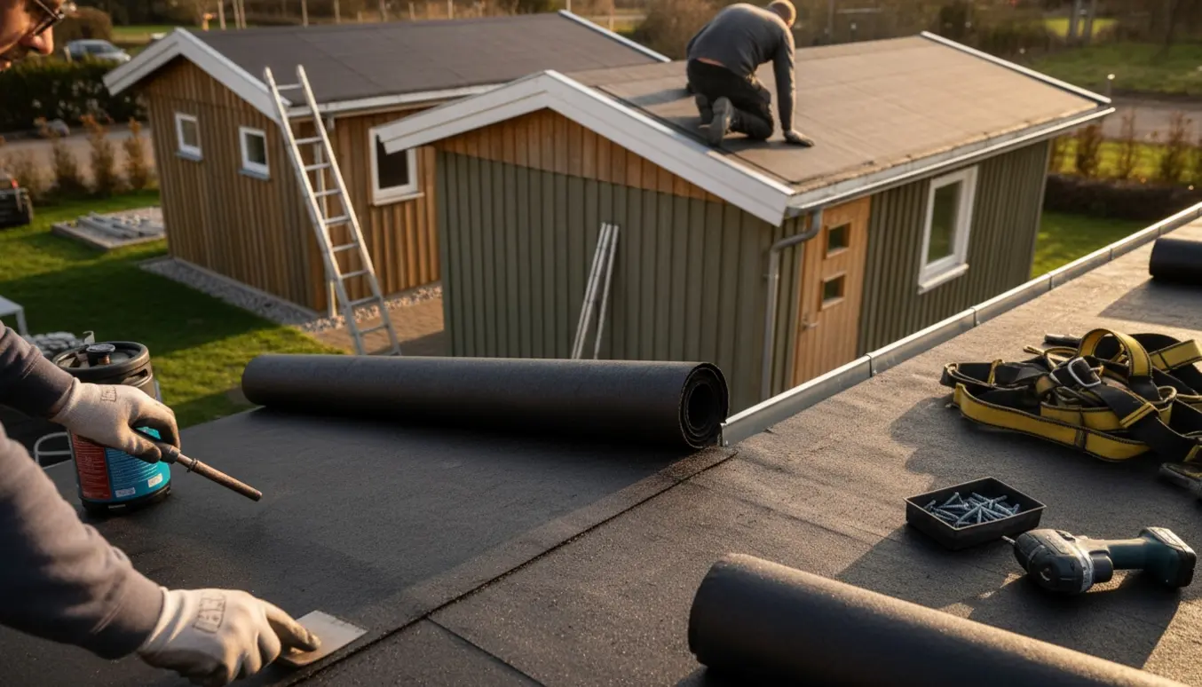 To udhuse i dagslys med håndværkere, der lægger nyt tagpap og monterer nye tagrender.