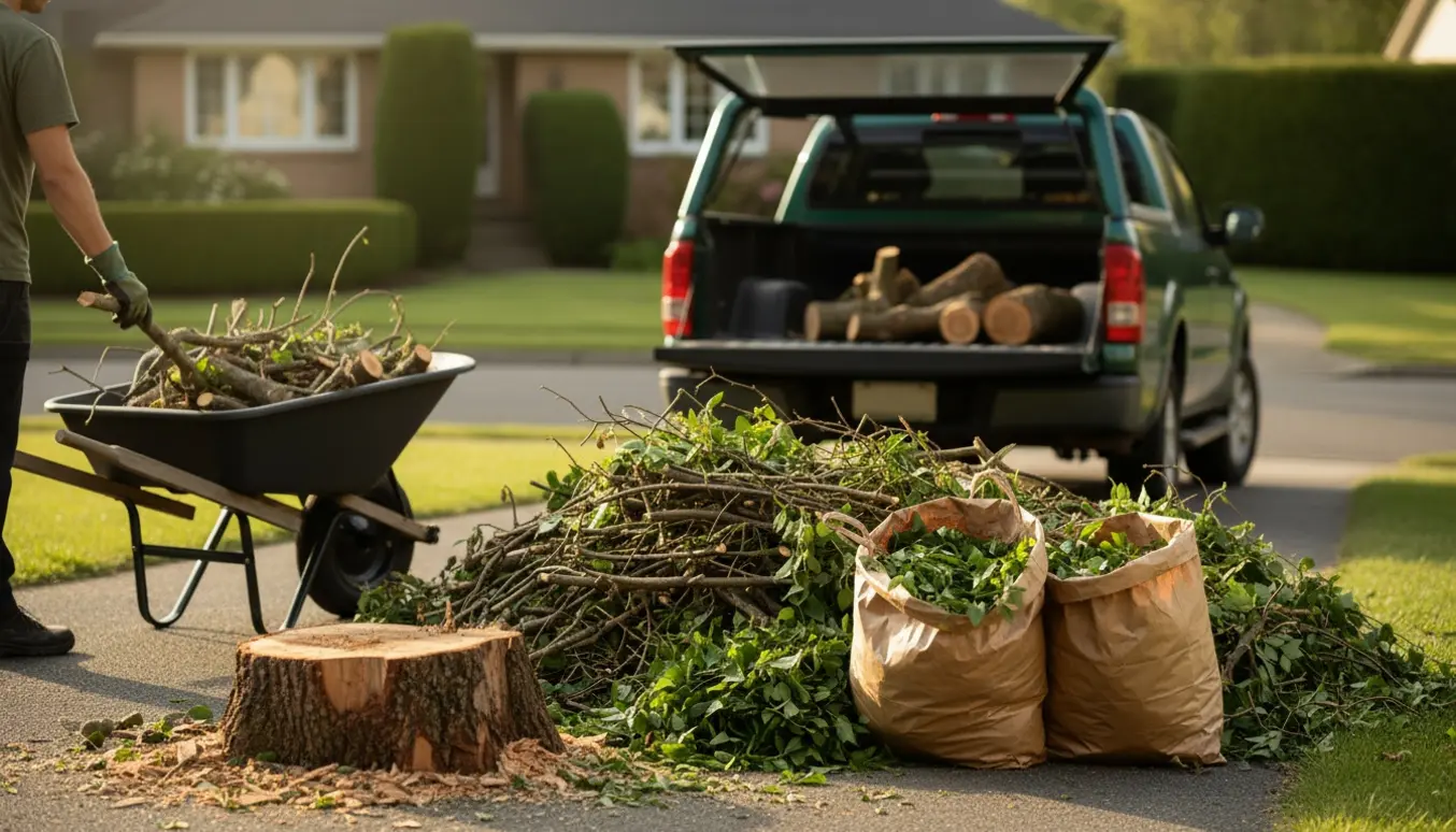 Bunke haveaffald og en nyfældet træstub ved indkørslen klar til afhentning.